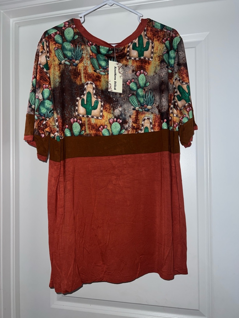 Southwestern Cactus Print Colorblock Blouse  - Rust & Green